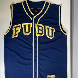 FUBU Navy and Yellow Button-Up Jersey Vintage 90s - Large